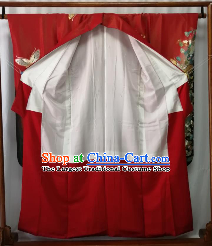 Japan Orthodox Garment Costume Court Woman Printing Butterfly Yukata Dress Traditional Wedding Red Furisode Kimono Clothing