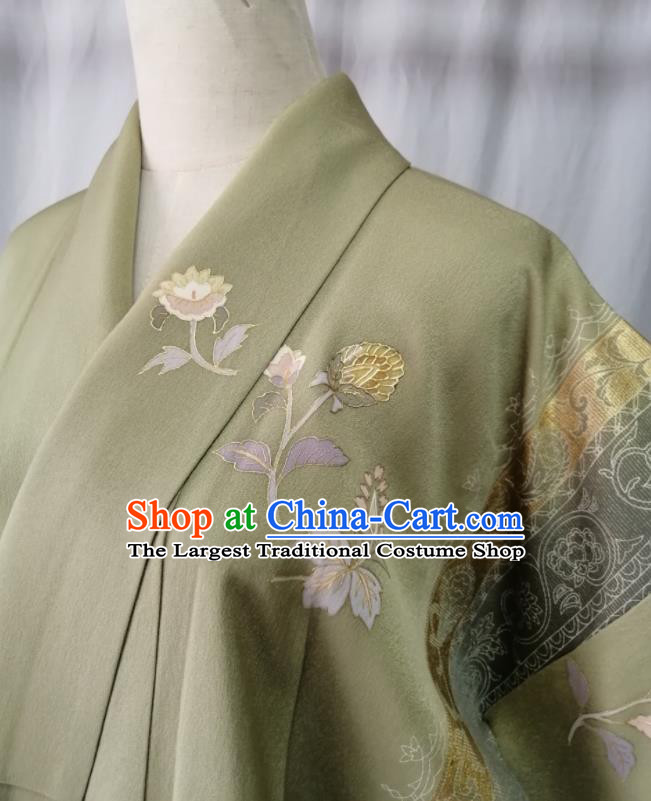 Japan Traditional Green Silk Tsukesage Kimono Clothing Orthodox Garment Costume Court Woman Printing Flowers Yukata Dress