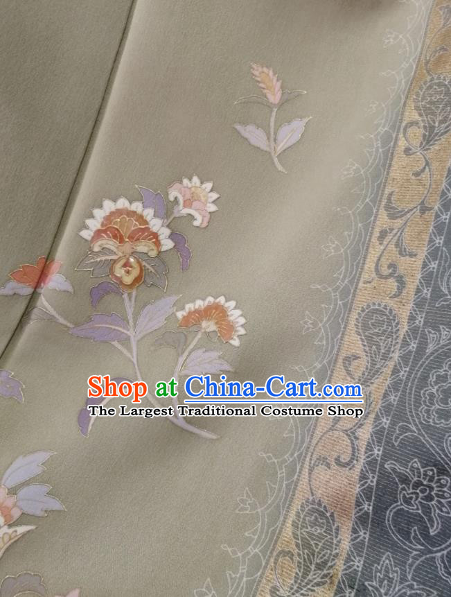 Japan Traditional Green Silk Tsukesage Kimono Clothing Orthodox Garment Costume Court Woman Printing Flowers Yukata Dress