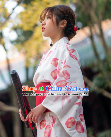Japan Summer Festival Printing Maple Leaf White Yukata Dress Young Lady Fashion Garment Traditional Photography Kimono Costume