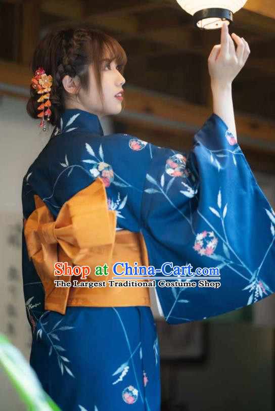 Japan Traditional Photography Kimono Costume Summer Festival Printing Maple Leaf Blue Yukata Dress Young Lady Hot Spring Fashion Garment