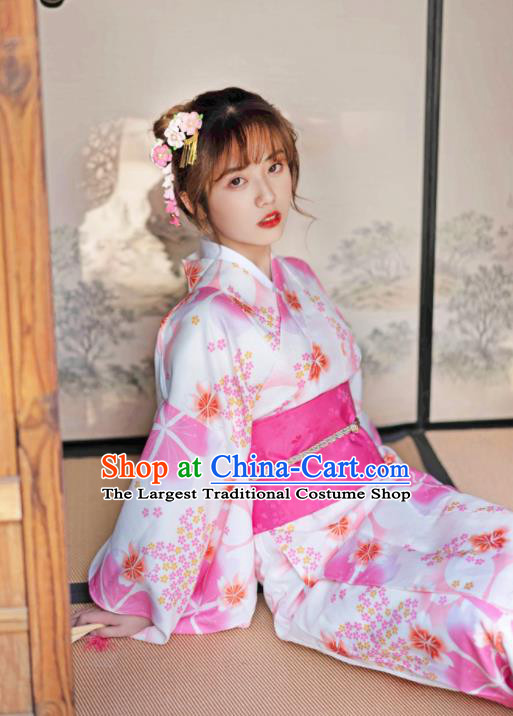Japan Young Lady Stage Performance Fashion Garment Traditional Photography Kimono Costume Summer Festival Printing Sakura Yukata Dress