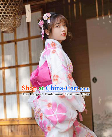 Japan Young Lady Stage Performance Fashion Garment Traditional Photography Kimono Costume Summer Festival Printing Sakura Yukata Dress
