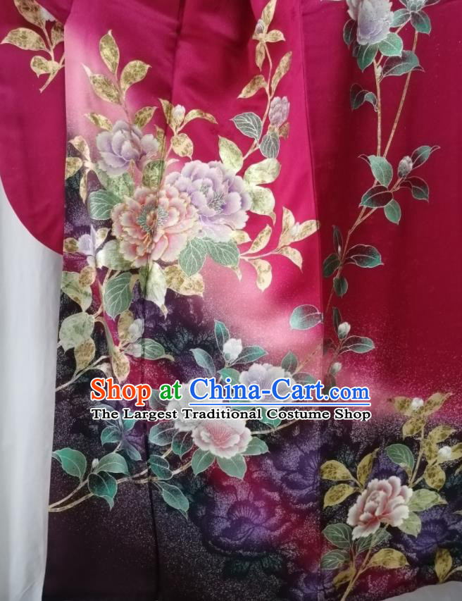Japan Traditional Peony Pattern Furisode Kimono Clothing Orthodox Wedding Garment Costume Kyoto Rosy Yukata Dress