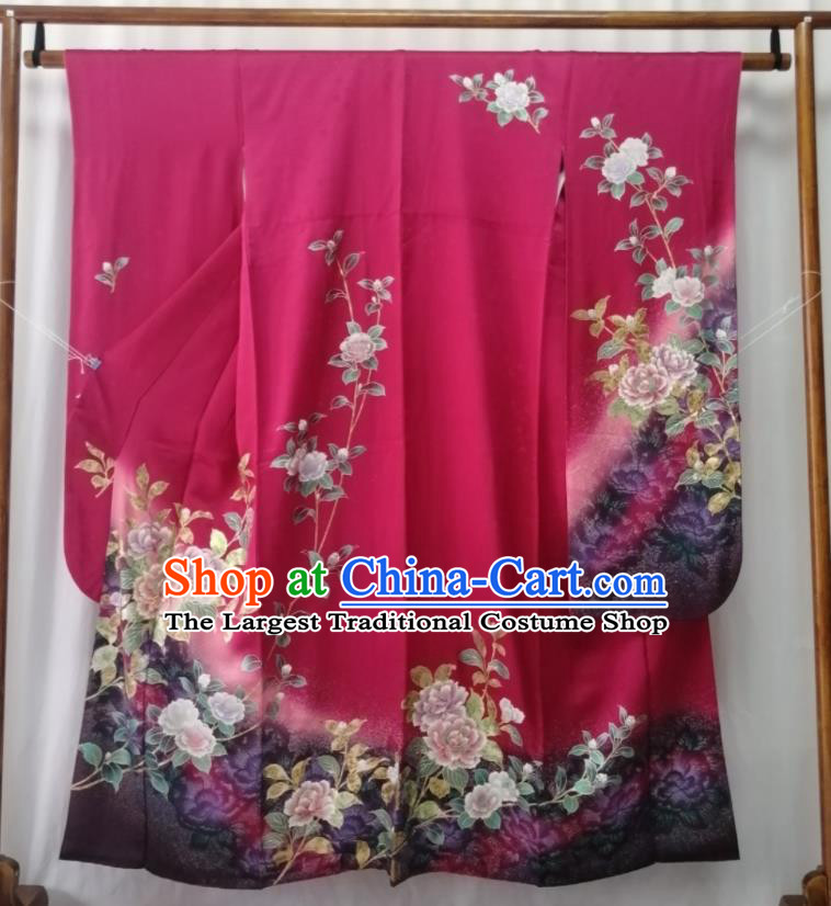 Japan Traditional Peony Pattern Furisode Kimono Clothing Orthodox Wedding Garment Costume Kyoto Rosy Yukata Dress