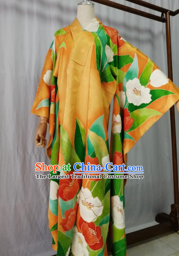 Japan Kyoto Yellow Yukata Dress Traditional Tulip Pattern Furisode Kimono Clothing Court Empress Garment Costume