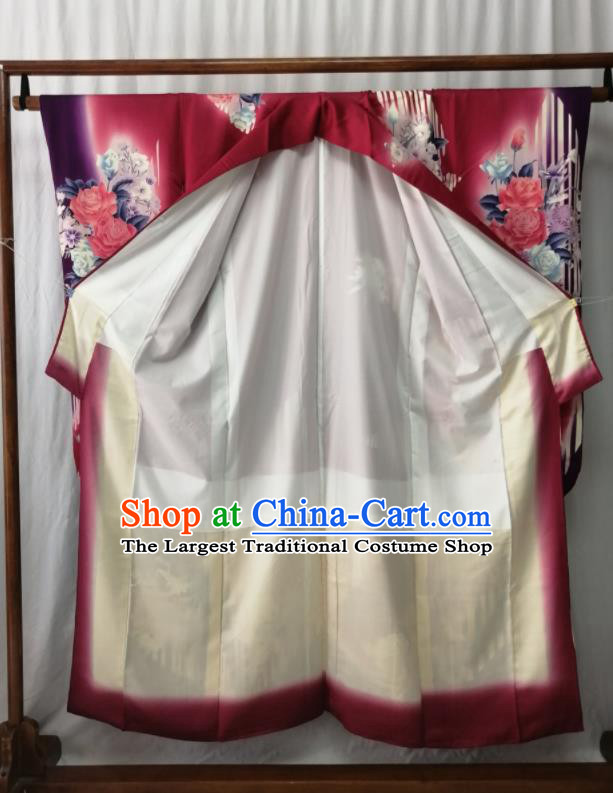 Japan Traditional Rose Pattern Furisode Kimono Clothing Court Woman Garment Costume Kyoto Rosy Yukata Dress
