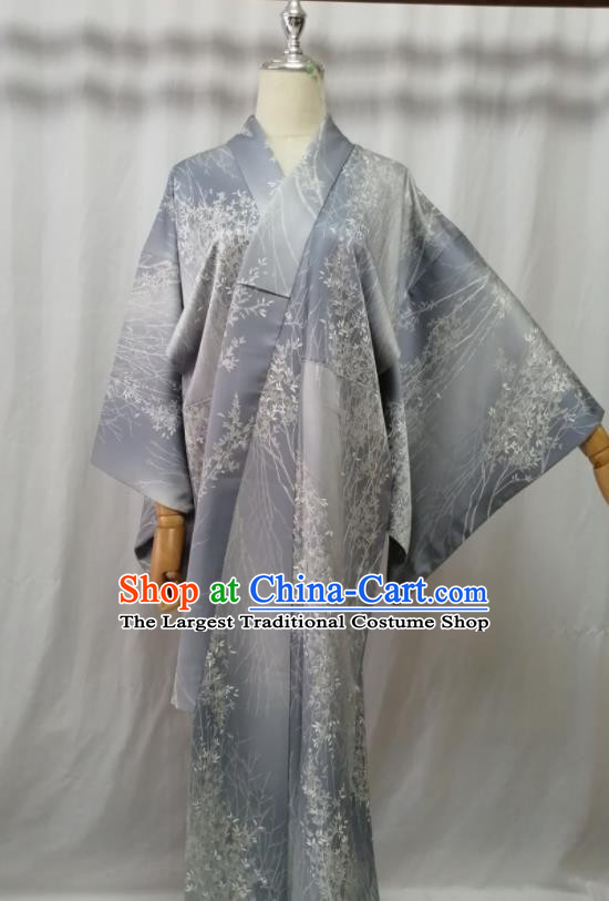 Japan Kyoto Grey Silk Yukata Dress Traditional Pattern Edo Komon Kimono Clothing Court Woman Garment Costume