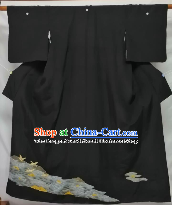 Japanese Male Kurotomesode Kimono Clothing Asian Stage Performance Apparel Traditional Embroidered Black Yukata Robe