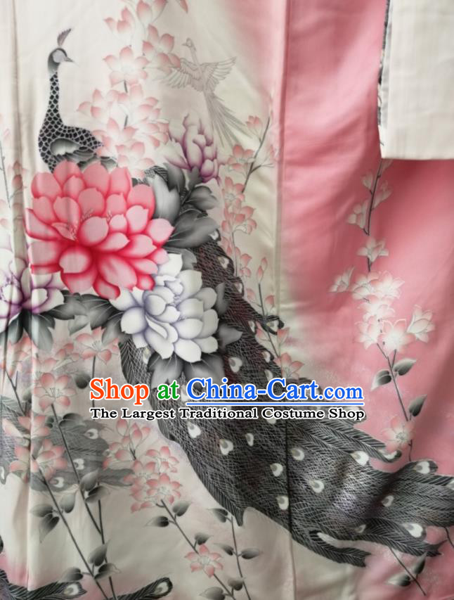 Japan Court Queen Garment Costume Kyoto Pink Silk Yukata Dress Traditional Peacock Pattern Furisode Kimono Clothing
