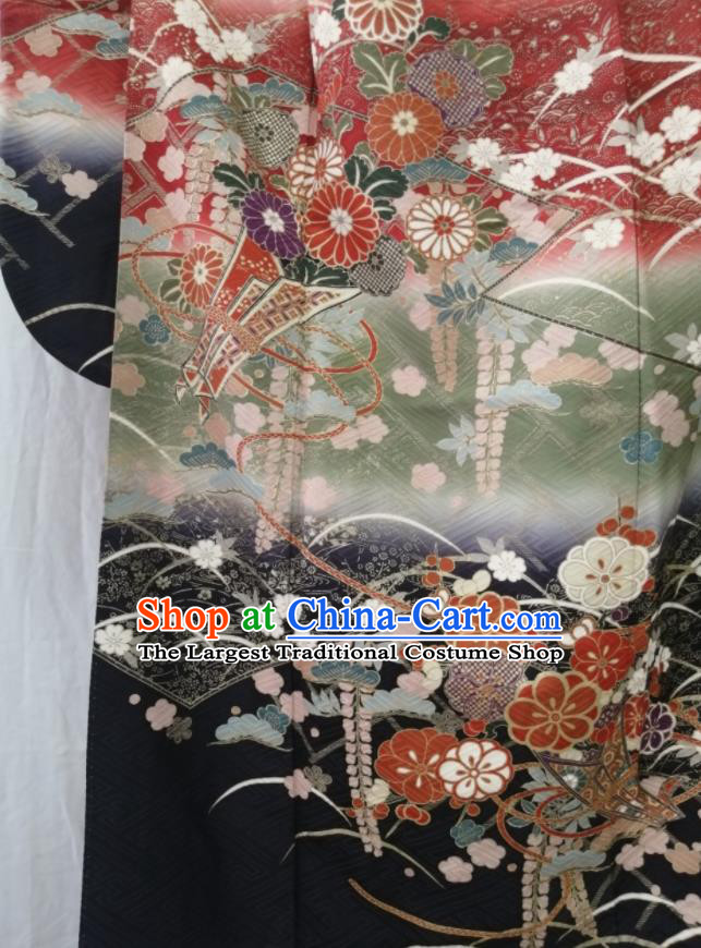 Japan Kyoto Wedding Silk Yukata Dress Traditional Flowers Pattern Furisode Kimono Clothing Court Queen Garment Costume
