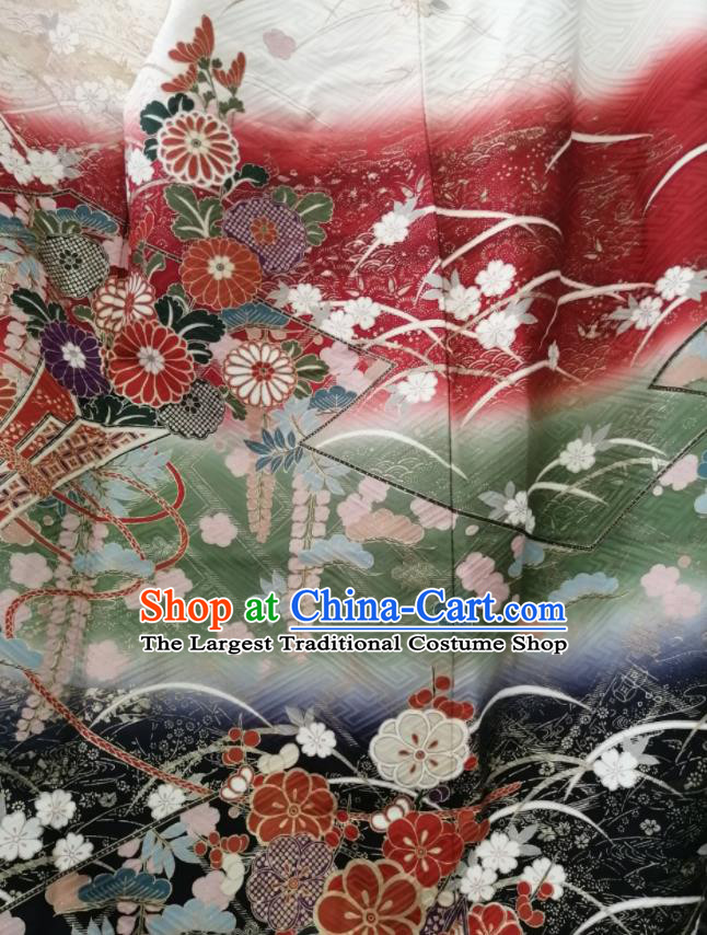 Japan Kyoto Wedding Silk Yukata Dress Traditional Flowers Pattern Furisode Kimono Clothing Court Queen Garment Costume