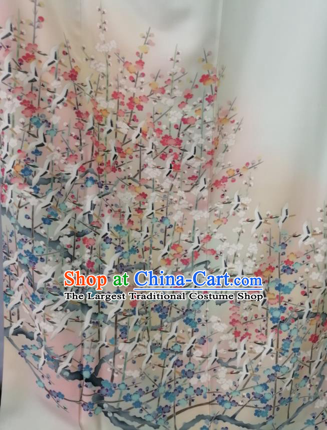 Japan Young Lady Garment Costume Kyoto Beige Yukata Dress Traditional Cranes Plum Pattern Uchikake Kimono Clothing
