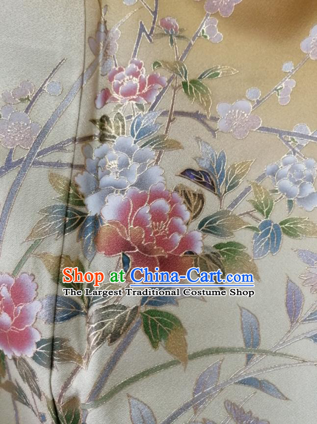 Japan Traditional Plum Peony Pattern Tsukesage Kimono Clothing Young Lady Garment Costume Kyoto Ginger Yukata Dress