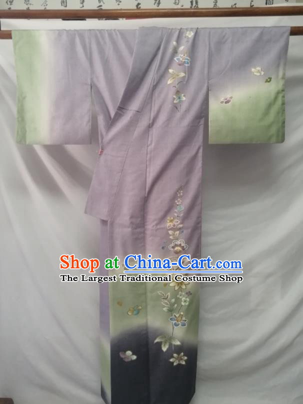 Asian Stage Performance Apparel Japanese Traditional Grey Yukata Robe Male Tsukesage Kimono Clothing