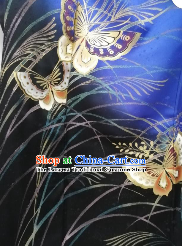 Japan Kyoto Royalblue Silk Yukata Dress Traditional Butterfly Pattern Furisode Kimono Clothing Empress Garment Costume