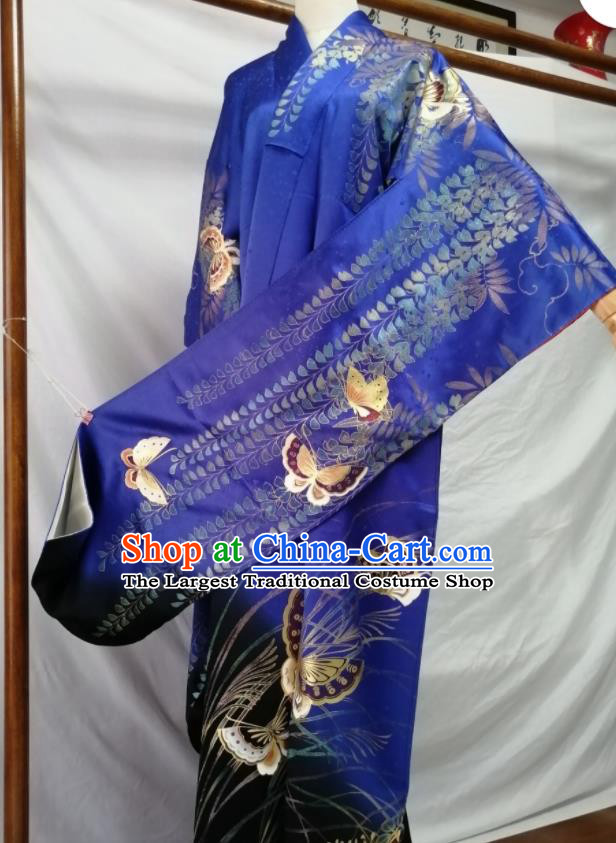 Japan Kyoto Royalblue Silk Yukata Dress Traditional Butterfly Pattern Furisode Kimono Clothing Empress Garment Costume