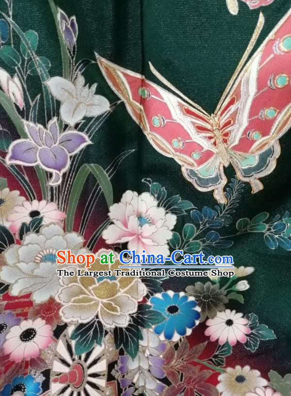 Japan Empress Garment Costume Kyoto Deep Green Silk Yukata Dress Traditional Butterfly Pattern Furisode Kimono Clothing