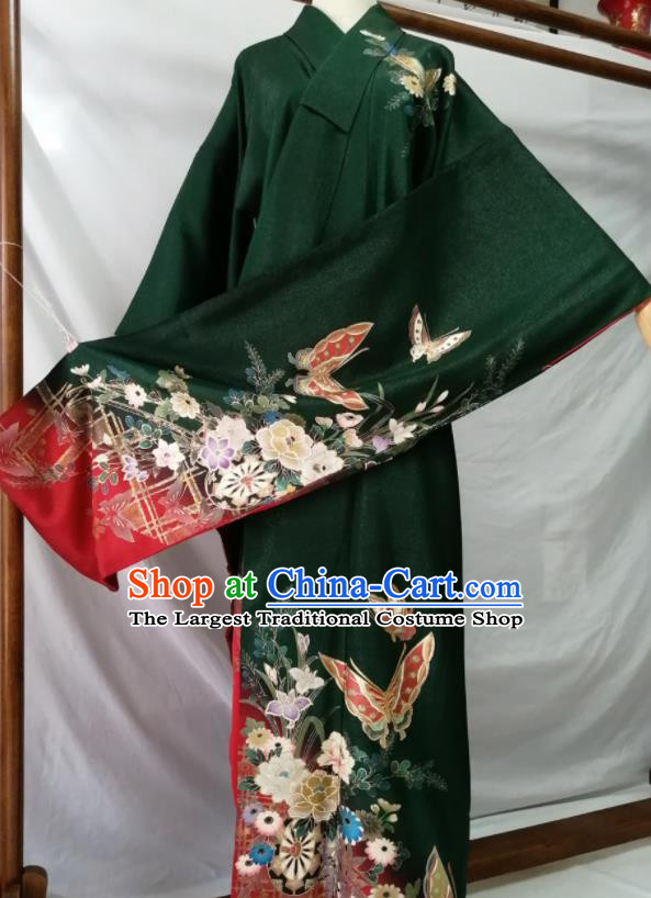 Japan Empress Garment Costume Kyoto Deep Green Silk Yukata Dress Traditional Butterfly Pattern Furisode Kimono Clothing