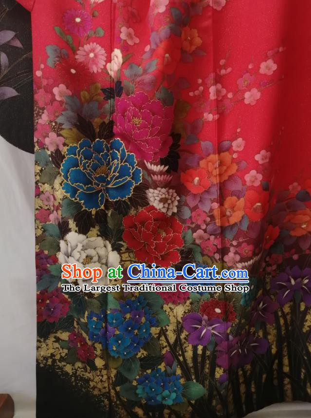 Japan Kyoto Wedding Red Yukata Dress Traditional Peony Pattern Furisode Kimono Clothing Court Empress Garment Costume