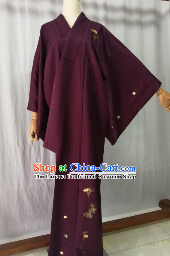 Japan Kyoto Purple Yukata Dress Traditional Tsukesage Kimono Clothing Orthodox Garment Costume