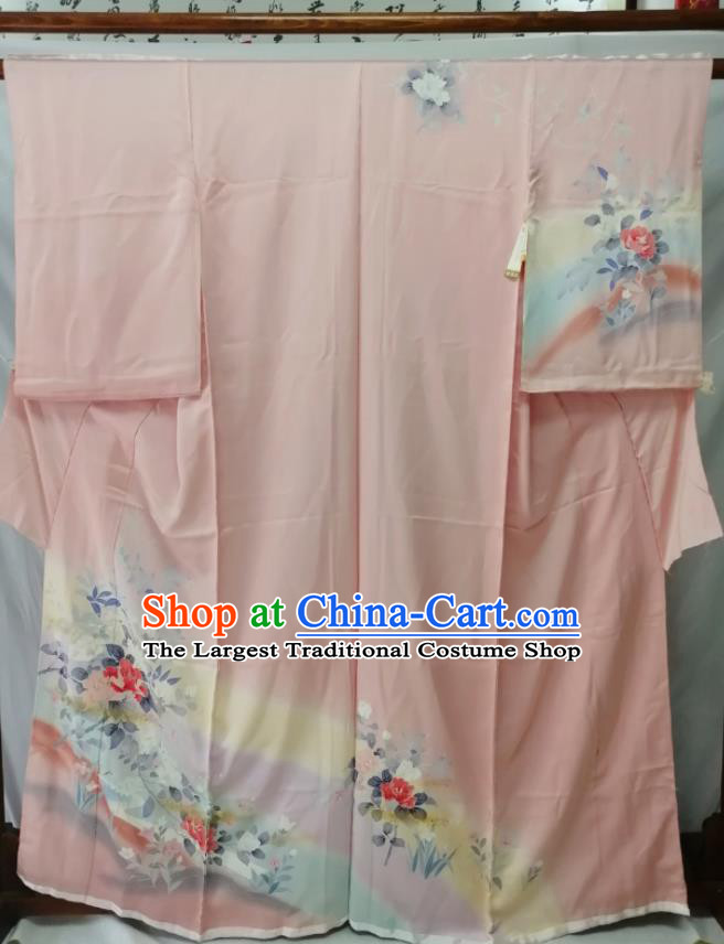Japan Young Woman Garment Costume Kyoto Printing Pink Yukata Dress Traditional Peony Pattern Tsukesage Kimono Clothing