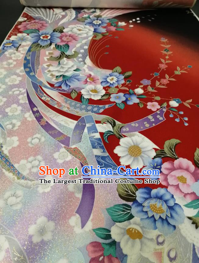Japanese Classical Flowers Pattern Waistband Material Kimono Dress Corset Accessories Traditional Yukata Belt Red Silk Fabric