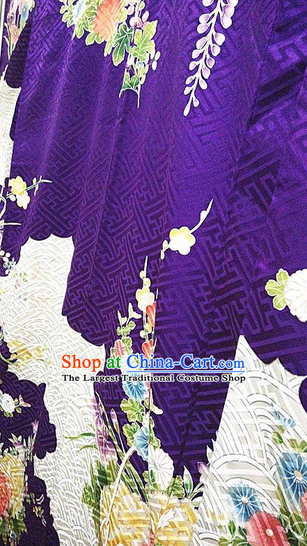 Japan Traditional Peony Pattern Furisode Kimono Clothing Royal Empress Wafuku Garment Costume Tokyo Purple Silk Yukata Dress