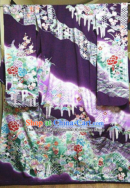 Japan Tokyo Wedding Purple Yukata Dress Traditional Wisteria Peony Pattern Furisode Kimono Clothing Royal Empress Wafuku Garment Costume