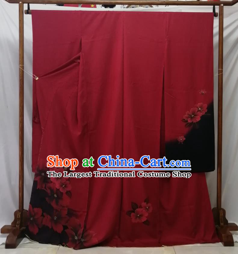 Japan Traditional Hibiscus Pattern Furisode Kimono Clothing Young Woman Garment Costume Kyoto Printing Red Yukata Dress