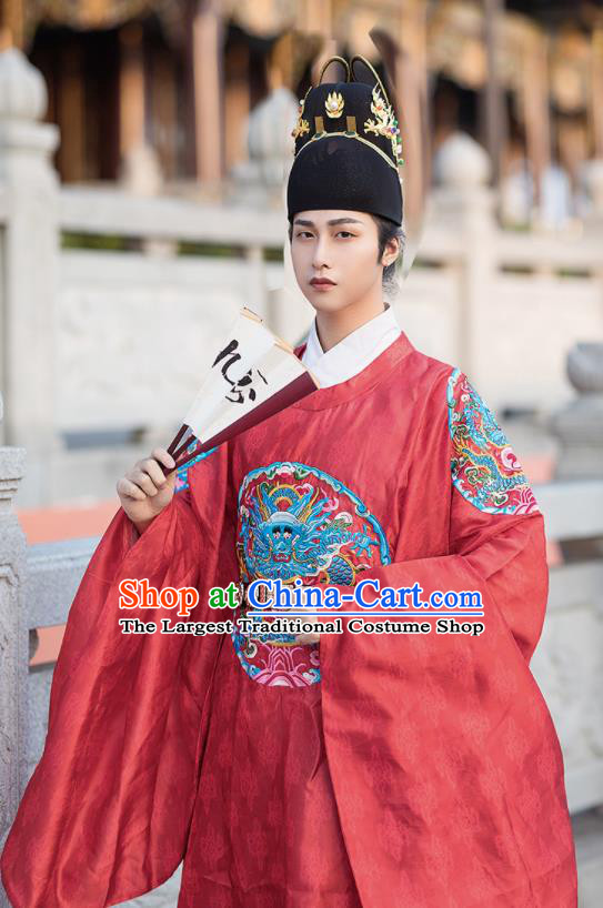 China Ming Dynasty Emperor Garment Costume Traditional Embroidered Red Dragon Robe Ancient Official Hanfu Clothing