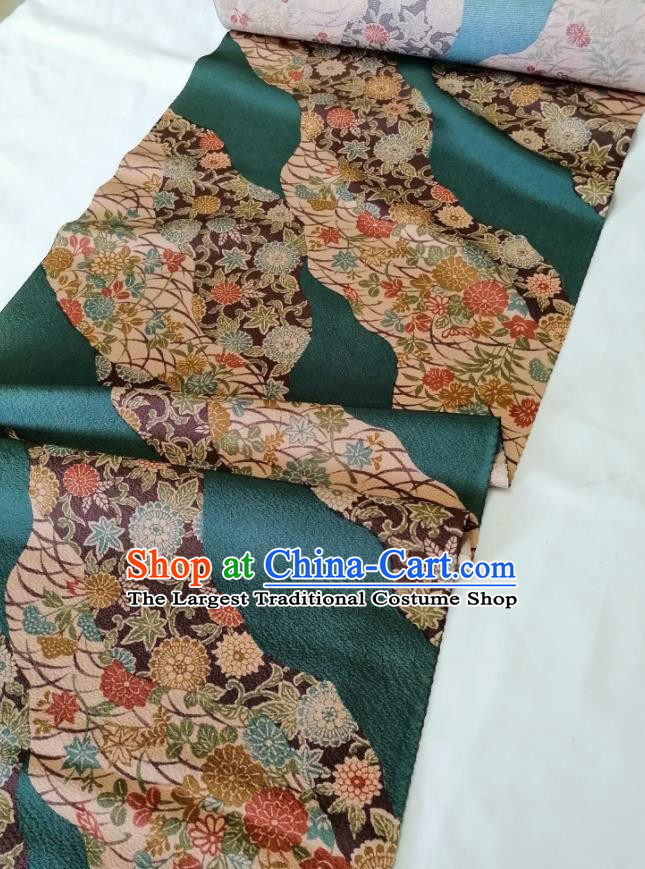 Japanese Kimono Dress Corset Accessories Traditional Yukata Belt Green Silk Fabric Classical Chrysanthemum Pattern Waistband Brocade Material