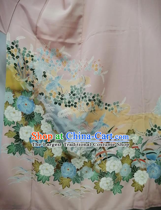 Japan Kyoto Printing Beige Yukata Dress Traditional Peony Pattern Uchikake Kimono Clothing Young Woman Garment Costume