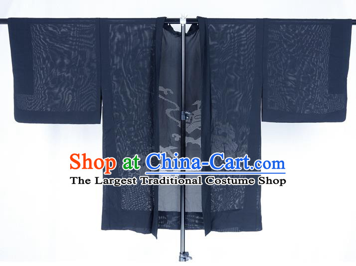 Japanese Male Haori Outer Garment Clothing Traditional Black Silk Kimono Jacket Classical Pine Pattern Overcoat Apparel