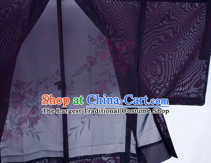 Japanese Classical Platycodon Pattern Purple Silk Apparel Male Haori Outer Garment Clothing Traditional Kimono Overcoat Jacket
