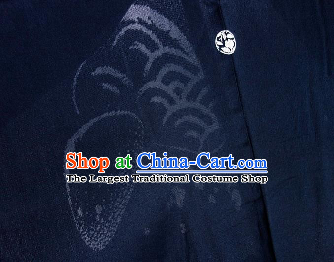 Japanese Male Haori Outer Garment Clothing Traditional Kimono Overcoat Jacket Classical Pattern Navy Silk Apparel
