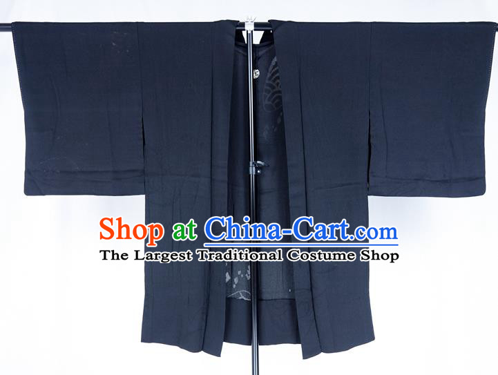 Japanese Male Haori Outer Garment Clothing Traditional Kimono Overcoat Jacket Classical Pattern Navy Silk Apparel