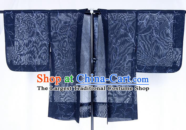 Japanese Classical Pattern Black Silk Apparel Male Haori Outer Garment Clothing Traditional Kimono Overcoat Jacket