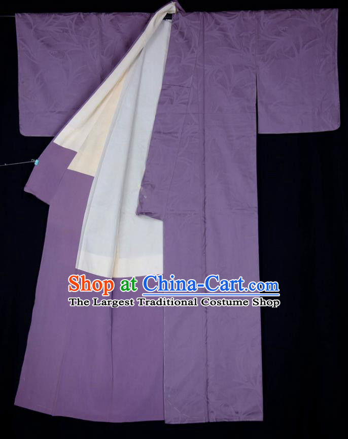 Japan Elderly Woman Garment Costume Traditional Purple Silk Yukata Dress Classical Branch Pattern Iromuji Kimono Clothing