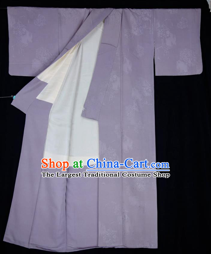 Japan Classical Pattern Iromuji Kimono Clothing Elderly Woman Garment Costume Traditional Lilac Silk Yukata Dress