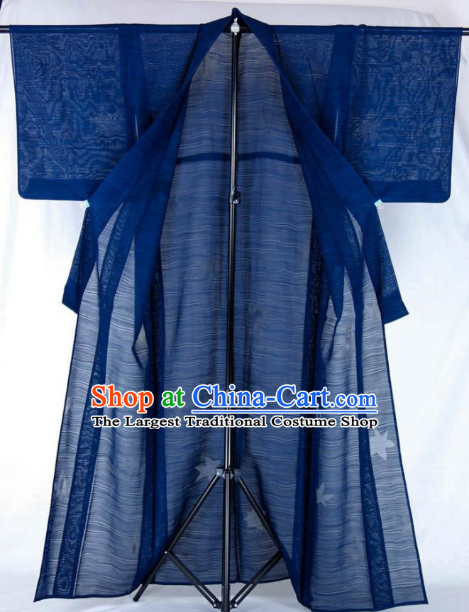 Japan Classical Pattern Iromuji Kimono Clothing Elderly Woman Garment Costume Traditional Navy Silk Yukata Dress