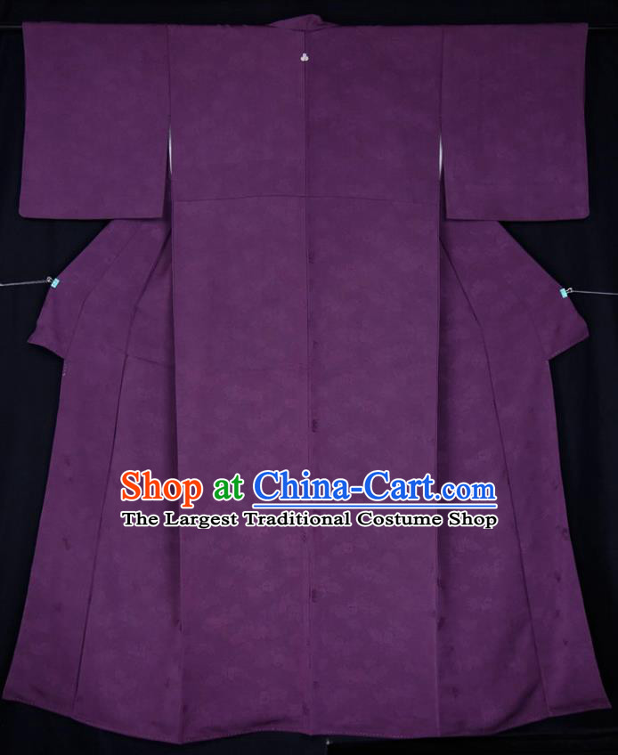 Japan Elderly Woman Garment Costume Traditional Deep Purple Yukata Dress Classical Pattern Iromuji Kimono Clothing