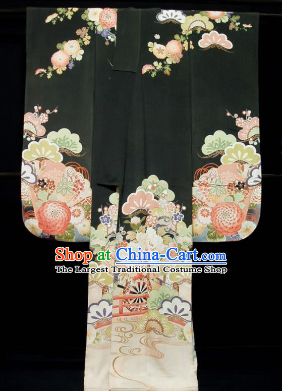 Japan Traditional Black Silk Yukata Dress Classical Chrysanthemum Pattern Furisode Kimono Clothing Wedding Bride Garment Costume