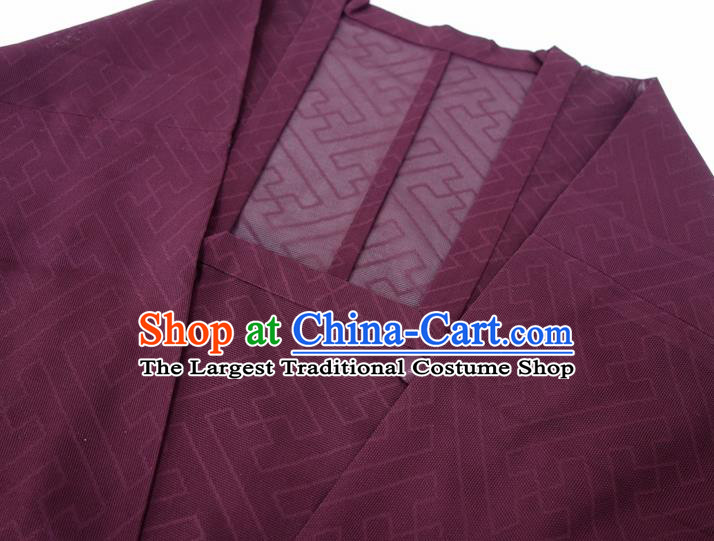 Japanese Traditional Kimono Outer Garment Classical Fret Pattern Purple Silk Overcoat Apparel Male Haori Jacket Clothing