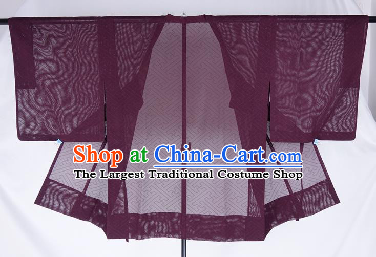 Japanese Traditional Kimono Outer Garment Classical Fret Pattern Purple Silk Overcoat Apparel Male Haori Jacket Clothing