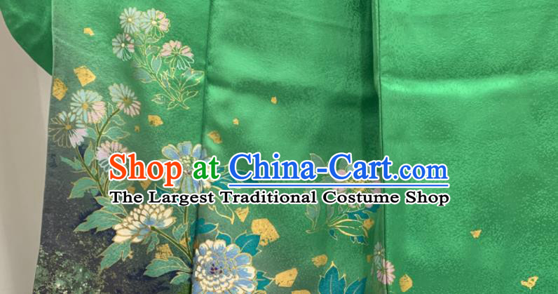 Japan Classical Daisy Pattern Furisode Kimono Clothing Wedding Garment Costume Traditional Bride Green Yukata Dress