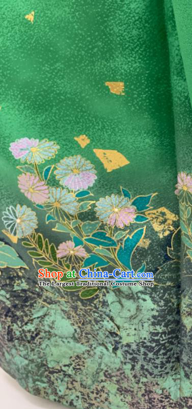 Japan Classical Daisy Pattern Furisode Kimono Clothing Wedding Garment Costume Traditional Bride Green Yukata Dress