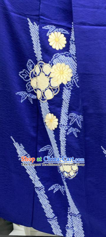 Japan Traditional Deep Blue Yukata Dress Classical Chrysanthemum Pattern Tsukesage Kimono Clothing Elderly Woman Garment Costume