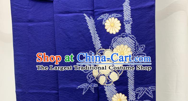 Japan Traditional Deep Blue Yukata Dress Classical Chrysanthemum Pattern Tsukesage Kimono Clothing Elderly Woman Garment Costume