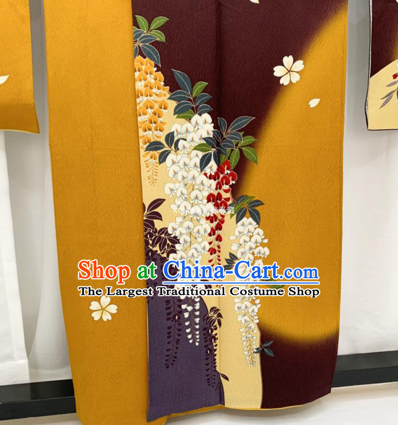 Japan Traditional Court Yukata Dress Classical Wisteria Pattern Furisode Kimono Clothing Wedding Bride Garment Costume